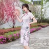 Etniska kläder kinesiska tranditionella cheongsam mid-längd girly retro smal förbättrad klänning ungdom mode stand-up krage halva ärm tang