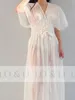 Women's Sleepwear LO&LI Luxury Bridal White Robe Set For Wedding See Throu 2023 Pregnant Women Birthday Off Shoulder Ruff NightGown Pogr