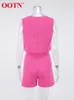 Women's Tracksuits Summer Office 2 Pieces Pink Shorts Sets Elegant O-Neck Button Vest Casual Holiday Outfit High Waist Women Suits 2023