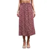 Skirts Women's Printed Red Skirt With Floral Slit Sexy High-waisted Split A-line For Ladies