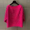 Arbetsklänningar Runway Fashion Beading Slash Neck Knit Batwing Sleeve Luxury Rose Pink Oversize Tröja Brand Pleated Mini kjol