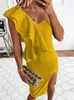 ワークドレス夏のファッションワンショルダー不規則なスリットドレスエレガントなソリッドフリルスリムフィット女性シックボディーコンパーティーイブニングドレスワーク