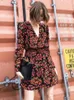 Casual Dresses Silk Women Dress Red Floral Print Long Sleeve V-Neck Romantic Mini