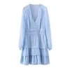 Robes décontractées Summer V-Col V-Col Plissé Robe à manches longues Femmes Bleu Taille-Longueur Pull Mince Jupe à manches bouffantes MAJ Robe LadiesCasual