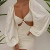 Robes décontractées automne femmes lanterne manches Sexy robe moulante évider blanc col en v fête boîte de nuit Mini 2023 été mode femme