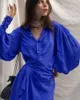 Casual Dresses Women Vintage Sashes Satin Sheath Mini Dress Lantern Sleeve Sexig Deep V Neck Solid 2023 Autumn Fashion