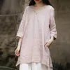 Kvinnors blusar skjortor fairynatural damer rosa kinesisk stil 2023 våren ramie toppar kvinnor retro lös lång knapp V-ringning