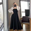 Casual jurken Puff Sleeve jurk Lange Vintage Vrouw Evening Sexy Elegant Party Square Neck Koreaans 2023 Kleding Zwart