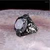 Cluster Rings Fashion Men's Natural Black Onyx Ring Silver Plated Engagement Punk Biker Party Wedding Jewelry