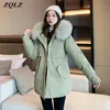 여자 다운 파카스 zqlz 면화 패딩 코트 여성 겨울 2023 Long Parka 여성 느슨한 단단한 후드 페피 칼라 플러스 크기 따뜻한 검은 색 재킷