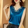 Blouses pour femmes Chemises en satin sans manches Tops Elastic Fashion Summer Blouse Pleasure en V broderie à col en soie florale Femmes Blusas 13736