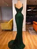2023 Dark Green Mermaid Prom Dreess Designer Spaghetti Straps Sparkly 스팽글 커스텀 이브닝 가운 공식 행사 착용 사망시 플러스 크기