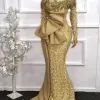 Elegant African Long Sleeves Lace Mermaid Evening Dresses gold See Through Full Sleeves Beaded Prom Gowns Robe De Soiree BC11139