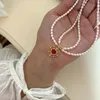 Hänghalsband Vintage Red Crystal Heart Dubbelskikt Pärlhalsband för kvinnor Franska retro Choker Estetiska juvelrypendant