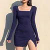 Casual Dresses Elegant Temperament Square Neck Ribbed Black Women's Side Knit Split Body Tight Dress Long Sleeve Fashion Mini Basic