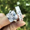 Cluster Rings Spark Diamond Square Förlovningsring för kvinnor 925 Sterling Silver Source Handwear
