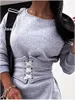 Casual Dresses 2023 Autumn And Winter Female Round Neck Long Sleeve Sweater Dress Solid Color Waist Sexy Short Skirt