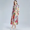 Casual Dresses Summer Lace Stitching Bow Tie Women's Dress Fashion Designer Maxi Vestidos Elegant Long Sleeve Sashes Flower Print