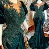 Moda Plus Size Árabe Aso Ebi Verde Escuro Sereia Vestidos de Baile Cristais Frisados Veludo Noite Festa Formal Segunda Recepção