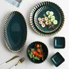 Plates Green With Gold Rim Ceramic Plate Dish Set Tableware Porcelain Salad Bowl Service Restaurant Kitchen Supplies