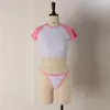 Damenbadebekleidung 2023 Koreanische feste rosa grüne Farbe Bikini Sexy Set Open Back Cover Bauch Abnehmen Ärmel Konservativer Badeanzug