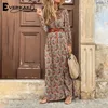 Robes décontractées Everkaki Boho Imprimer Maxi Robe Femmes Robes d'été avec ceinture à manches longues Dames Vacances Plage Femme 2023 Mode