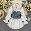 ummer 2023 New Blouse Women's Diamond Beaded Puff Sleeve Blusa Top Tassel Pearl Sling Waistcoat Two-piece Sets Stacking Shirt