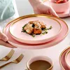 Assiettes Nordic Gilt Rim Rose Porcelaine Assiette Cuisine Vaisselle Céramique Steak Plats Riz Salade Nouilles Bol Couverts