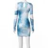 Casual Dresses 2023 Summer Fashion Tie Dye Long-Sleeved Hollow Out Dress Sexig Cut Stitching Flowing Night Club kjolar