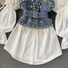 ummer 2023 New Blouse Women's Diamond Beaded Puff Sleeve Blusa Top Tassel Pearl Sling Waistcoat Two-piece Sets Stacking Shirt