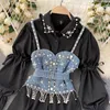 Sommer 2023 Neue Bluse frauen Diamant Perlen Puff Sleeve Blusa Top Quaste Perle Sling Weste Zwei-stück Sets stapeln Hemd