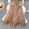 Vestidos informales de otoño e invierno para mujer, vestido Vintage con cuello en V y lazo, vestido de retales de malla de encaje, vestido informal de punto 2023