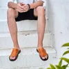 Slippels Maat 38-47 Echte lederen mannen Slipper Zomerhuis Schoenen Casual Buiten Strandglaasjes Zwart Flat Male Indoor FlopSlippers