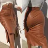 Faldas Falda Midi de cuero de imitación de las mujeres de moda Botón de cintura alta Ajuste de color sólido Hendidura Bodycon Lápiz con cinturón