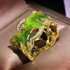 Hochzeit Ringe Mode Vintage Gold Farbe Zirkon Für Frauen Hohe Qualität Handgemachte Grüne Emaille Blatt Party Ring Schmuck