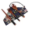 Dinnerware Sets Reusable Bamboo Wooden Cutlery Set Spoons Forks Chopsticks With Cloth Bag Convenient Utensil Kitchen Tools