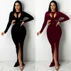 Casual Dresses Ufoa Autumn Winter 2023 Sexy Solid Color Women's Long Sleeve Hollow-out Button Slit Dress Ladies Party Night Club Tight