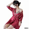 Women's Sleepwear 2023 Summer The Women Pajamas Faux Silk Set Embroidery Lace Bath Gown Wedding Night Dress Robe Home Clothes 2Pcs