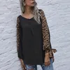 Damenblusen, Leopardenmuster, Schnürung, langärmeliges T-Shirt mit V-Ausschnitt, Stricknähte, T-Shirt, modische Tops, Harajuku-T-Shirts für Damen