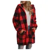 Women's Wool Blends Classic Plaid Fleece Hoodie Cardigan Women Pockets Open Stitch Ladies Winter Casual Coat 21811