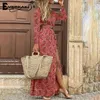 Robes décontractées Everkaki Boho Imprimer Maxi Robe Femmes Robes d'été avec ceinture à manches longues Dames Vacances Plage Femme 2023 Mode