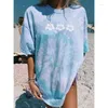 T-shirt da donna T-shirt blu di grandi dimensioni Donna 2023 Cotone Lino Tie Dye Moda ampia e confortevole Modello personalizzato Top lunghi