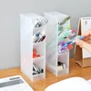 Hooks Rails Multi-Function 4 Grid Desktop Pen Holder Office School Storage Case Clear White Black Plastic Box Desk Pencil Organizer