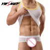 Heren tanktops mannen spier top sexy transparante mesh singlet briefs sets lounge slaap slijtage vest fitness body unsmershirts mouwloze T -stukken