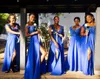 African Summer Royal Blue Chiffon Lace Bridesmaid klär sig en linjelock ärm Split Long Maid of Honor -klänningar plus Size Custom Made Made Made