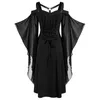 Casual Dresses Women Solid Gothic Cold The Shoulder Dress Cool Criss Cross Lace Insert Flare Sleeve Asymmetrical Kleider Damen #G3Casual