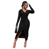 Casual Dresses Ribbed Sexig Women Dress Autumn Solid Sticked Button V Neck BodyCon Long Sleeve Slim Pencil Midi 2023 Elegant Party Robe