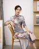 Abbigliamento etnico Oversize 5XL Donna Classico Cheongsam grigio Peonia Stampato Elegante abito da sera tradizionale Collare alla coreana cinese