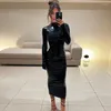 Robes décontractées Ueteey noir en cuir PU robe mi-longue femmes Sexy col roulé à manches longues moulante fête 2023 automne hiver mode Club