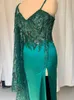 Stunning Green Evening Dress Long Prom Gowns Sexy Sheer with Embroidery Beading Side Split Runway Gowns with Cape